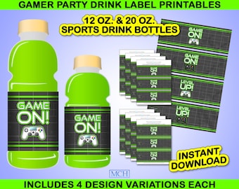 Gamer Party Drink 12 oz. & 20 oz. Sports Bottles Wrapper Labels Video Game Party Gaming Ounce, Digital Printable, Instant Download DIY GREEN
