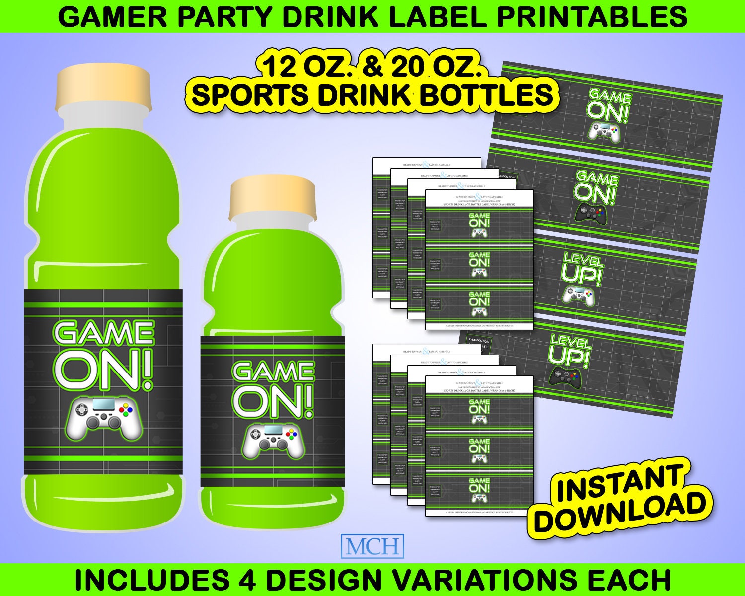 Gamer Party Drink 12 oz. & 20 oz. Sports Bottles Wrapper Labels Video…