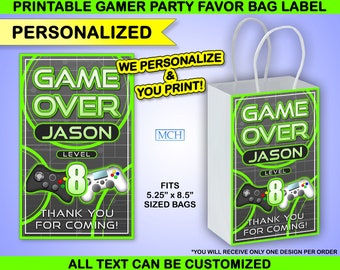 Gamer Party Favor Gift Bag Label Personalized Custom Wrap Video Game Party Gaming Birthday Wrapper Digital Printable Download GREEN