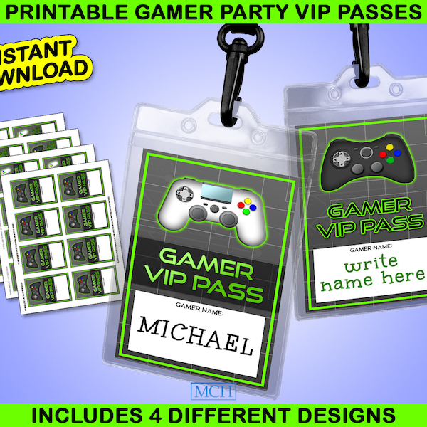 Gamer VIP Party Passes, V.I.P. Cards, Birthday Party Passes, Video Game Party Gaming, Label Digital Printable, Instant Download DIY GREEN