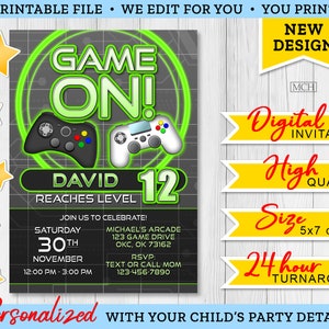 Faire-part de fête de joueur, carte d'invitation numérique d'anniversaire de jeu de jeu vidéo personnalisée, invitation numérique imprimable, téléchargement numérique vert