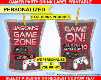 Gamer Party Drink 6 oz. Juice Pouch Wrapper Labels Personalized Custom Video Game Party 6 Ounce, Birthday Digital Printable Download RED