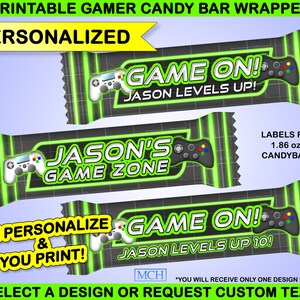 May include: Printable candy bar wrapper with a black and green gamer theme. The wrapper features a green and black video game controller, green neon lines, and the text "Game On!" and "Jason Levels Up!"