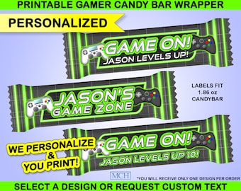 Gamer Party 1.86 oz Snickers Candy Bar Wrapper Labels Personalized Custom Video Game Birthday Favor Digital Printable Download GREEN