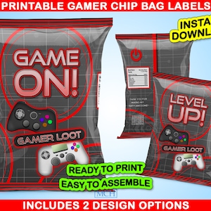 May include: Printable chip bag labels with two designs. The first design features a red and black gamepad with the text "Game On!" and "Gamer Loot". The second design features a red and black gamepad with the text "Level Up!" and "Gamer Loot".