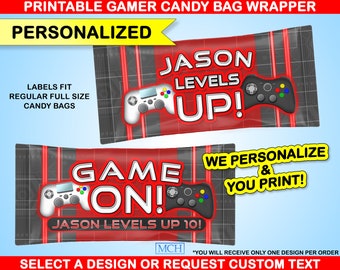 Gamer Party Candy Bag Wrapper Labels M&M Skittles Reeses Personalized Custom Video Game Birthday Favor Digital Printable Download RED