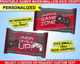 Gamer Party Rice Krispies Treat .78 oz Labels & Wrap Personalized Custom Video Game Party Birthday Favor, Digital Printable Download RED