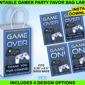 May include: Printable gamer party favor bag labels with a "Game Over" design. The design includes a white bag with a blue border, a black and white game controller, and the text "Thank you for coming!" Also includes four design options.