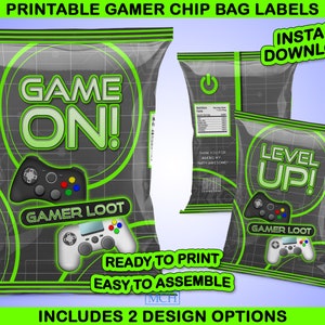 Gamer Party Chip Bag Wrapper Labels, Video Game Party Gaming Snack Treats Wrap, Birthday Favor Digital Printable, Instant Download DIY GREEN