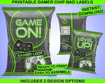 Gamer Party Chip Bag Wrapper Labels, Video Game Party Gaming Snack Treats Wrap, Birthday Favor Digital Printable, Instant Download DIY GREEN