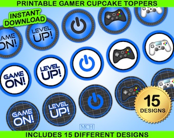 Toppers para cupcakes de festa de gamer, rótulos para salgadinhos de festa de videogame, lembrancinhas de aniversário para impressão digital, download instantâneo faça você mesmo, azul