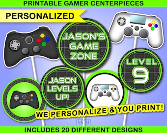Gamer Party Centerpieces Personalized Custom Video Game Birthday Cake Topper Photobooth Photo Prop Decor Digital Printable Download GREEN