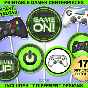 Gamer Party Centerpieces, Video Game Party Birthday Cake Topper Photobooth Photo Props Decor Digital Printable, Instant Download DIY GREEN