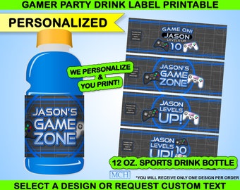 Gamer Party Drink 12 oz Sports Bottles Wrapper Labels Personalized Custom Video Game Party Digital Printable Download BLUE