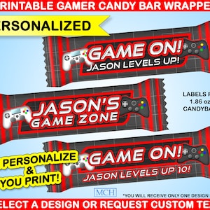 Könnte beinhalten: Druckbare Süßigkeiten-Verpackungsvorlage mit einem schwarzen und roten Gamer-Thema. Die Verpackung zeigt eine Grafik eines Videospiel-Controllers und den Text "Game On!" und "Jason's Game Zone".