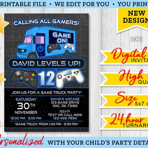 May include: A digital invitation for a game truck party, featuring a blue truck with the text "GAME ON!" and game controllers. The invitation includes the text "CALLING ALL GAMERS!" and "DAVID LEVELS UP! 12". The invitation is personalized with party details.