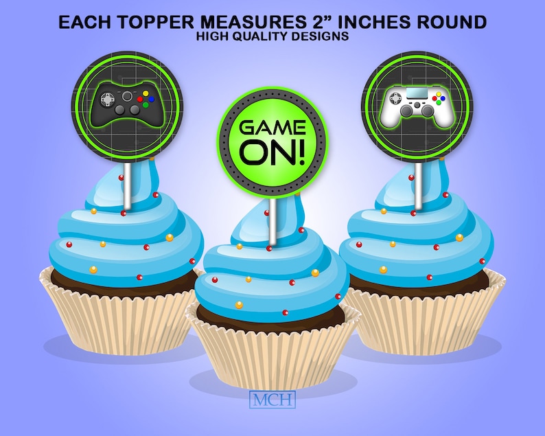 Gamer Party Cupcake Toppers, Videospiel Party Gaming Leckerli Snacks Topper Label, Geburtstag Gunst Digital bedruckbar, Sofort Download DIY GRÜN Bild 3
