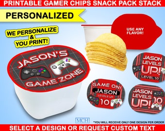 Gamer Party Chips 0.67 oz Snack Stack Labels & Wrap Personalized Custom Video Game Gaming Birthday Favor Digital Printable Download RED