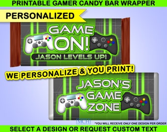 Gamer Party Candy Bar Wrapper Labels Personalized Custom Video Game Party Chocolate Treats, Birthday Favor Digital Printable Download GREEN