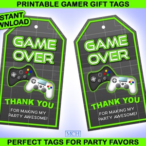 Gamer Party Favor Gift Tags, Video Game Party Gaming Birthday Food Candy Treat Thank You Label Digital Printable, Instant Download DIY GREEN