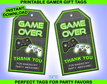 Gamer Party Favor Gift Tags, Video Game Party Gaming Birthday Food Candy Treat Merci Label Digital Printable, Instant Download DIY GREEN