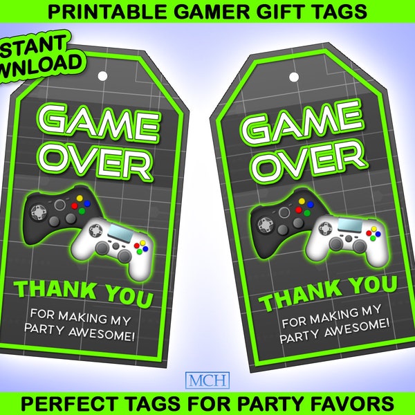 Gamer Party Favor Gift Tags, Video Game Party Gaming Birthday Food Candy Treat Thank You Label Digital Printable, Instant Download DIY GREEN