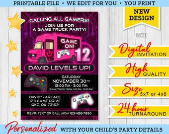 Gamer Truck Party Invitation, Personalized Video Game Truck Gaming Bus Birthday Invite Card, Digital Printable Invite, Digital Download PINK