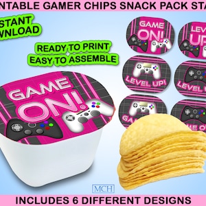 May include: Printable chip bag labels with a gamer theme. The labels feature a pink and black color scheme with a video game controller and the text "Game On!" and "Level Up!"