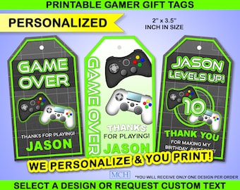 Gamer Party Favor Gift Tags, Video Game Gaming Birthday Candy Treat Thank You Personalized Label Custom Digital Printable Download GREEN
