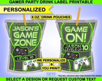 Gamer Party Drink 6 oz. Juice Pouch Wrapper Labels Personalized Custom Video Game Party 6 Ounce, Birthday Digital Printable Download GREEN