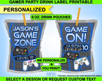 Gamer Party Drink 6 oz. Juice Pouch Wrapper Etiketten Personalisierte Benutzerdefinierte Videospiel Party 6 Unzen, Geburtstag Digital bedruckbarer Download BLAU