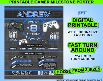 Gamer Milestone Poster, Personalized Video Game Party Gaming Birthday Digital Board Custom Customized Printable Sign, Digital Download BLUE