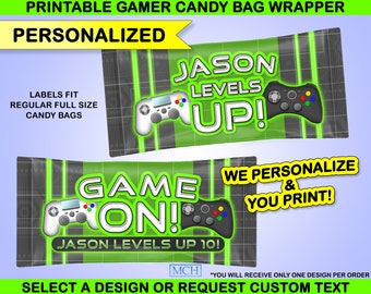 Gamer Party Candy Bag Wrapper Labels M&M Skittles Reeses Personalized Custom Video Game Birthday Favor Digital Printable Download GREEN