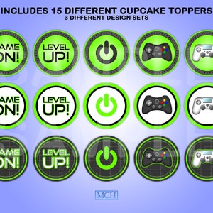 Gamer Party Cupcake Toppers, Video Game Party Gaming Treat Snacks Topper Label, Birthday Favor Digital Printable, Instant Download DIY GREEN image 2