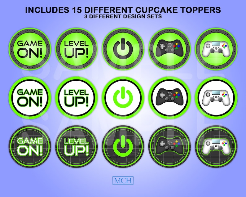 Gamer Party Cupcake Toppers, Video Game Party Gaming Treat Snacks Topper Label, Birthday Favor Digital Printable, Instant Download DIY GREEN image 2