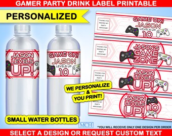 Gamer Party Drink Water Bottle Wrapper Labels Personalized Custom Video Game Party Juice Birthday Digital Printable Download LITE RED