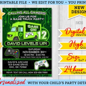 Invitation de fête de camion de joueur, carte d'invitation d'anniversaire de bus de jeu vidéo personnalisée, invitation imprimable numérique, téléchargement numérique VERT