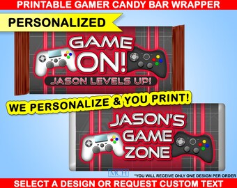 Gamer Party Candy Bar Wrapper Labels Personalized Custom Video Game Party Chocolate Treats, Birthday Favor Digital Printable Download RED