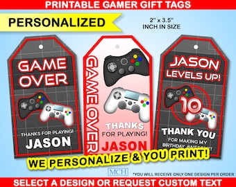 Gamer Party Favor Gift Tags, Video Game Gaming Birthday Candy Treat Thank You Personalized Label Custom Digital Printable Download RED