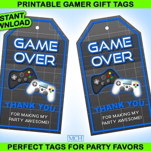 Gamer Party Favor Gift Tags, Video Game Party Gaming Birthday Food Candy Treat Thank You Label Digital Printable, Instant Download DIY BLUE