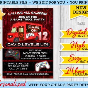 Op de afbeelding: Een rode digitale uitnodiging voor een game truck party, met een rode truck met de woorden "GAME ON!" en "DAVID LEVELS UP!" De uitnodiging bevat feestdetails, een game controller afbeelding en de tekst "CALLING ALL GAMERS!"