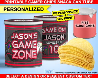 Gamer Party Chips 1.3 oz Snack Can Labels & Wrap Personalized Custom Video Game Party Treats Birthday Favor Digital Printable Download RED