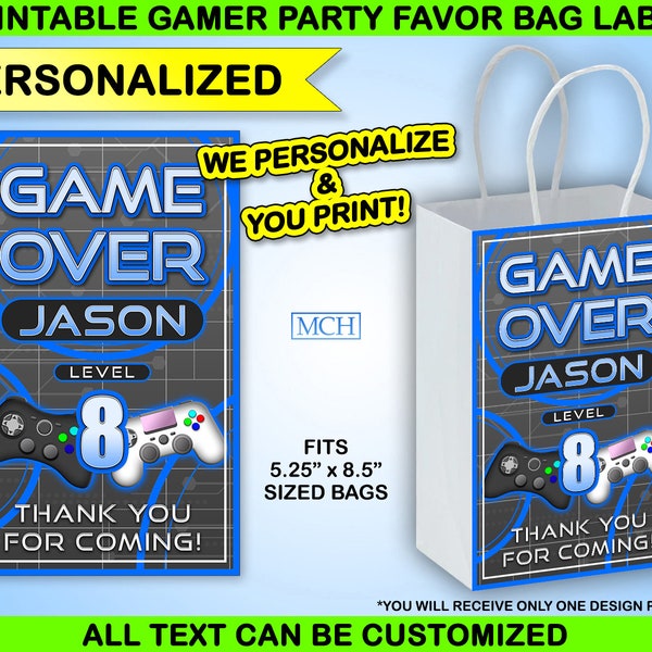 Gamer Party Favor Gift Bag Label Personalized Custom Wrap Video Game Party Gaming Birthday Wrapper Digital Printable Download BLUE