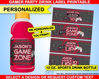Gamer Party Drink 12 oz Sports Bottles Wrapper Labels Personalized Custom Video Game Party Digital Printable Download RED