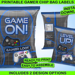 Könnte beinhalten: Druckbare Chipstüten-Etiketten mit zwei Designs, die einen Videospiel-Controller und den Text "Game On!" und "Level Up!" mit den Worten "Gamer Loot" auf beiden Designs zeigen. Die Etiketten sind druckfertig und einfach zusammenzubauen.