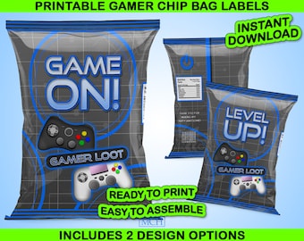 Gamer Party Chip Bag Wrapper Labels, Video Game Party Gaming Snack Treats Wrap, Birthday Favor Digital Printable, Instant Download DIY BLUE