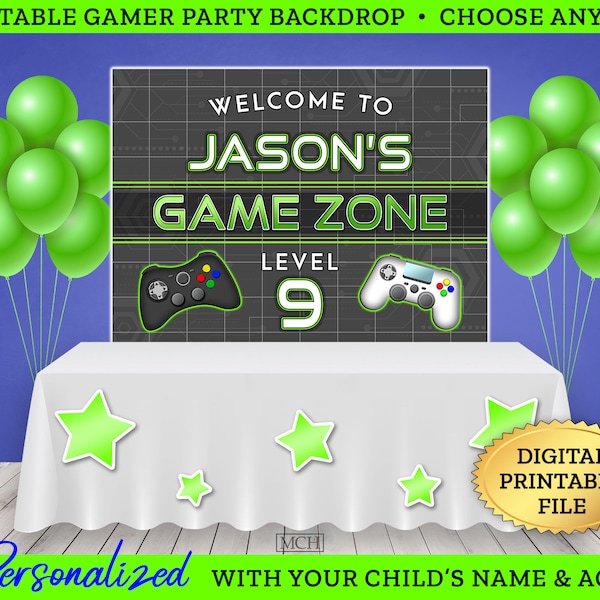 Gamer Party Backdrop Banner, Personalized Video Game On Game Party Birthday Sign Poster Decoration, Digital Printable File GREEN