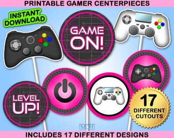 May include: Printable gamer centerpieces featuring game controllers and circular designs with phrases like "Game On!" and "Level Up!" in pink and white. Includes 17 different cutouts. The words "Instant Download" are also visible.