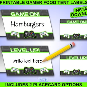 Etiquetas para carpas de comida para fiestas de gamers, letreros para colocar tarjetas de lugar para fiestas de videojuegos, imprimibles digitales, descarga instantánea, bricolaje, VERDE