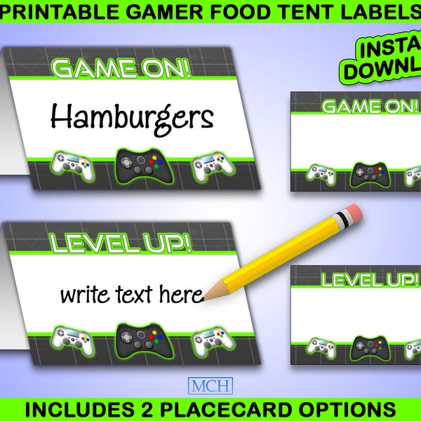 Gamer Party Food Tent Labels, Video Game Party Gaming Birthday Placecard Place card Signs, Digital Printable, Instant Download DIY GREEN